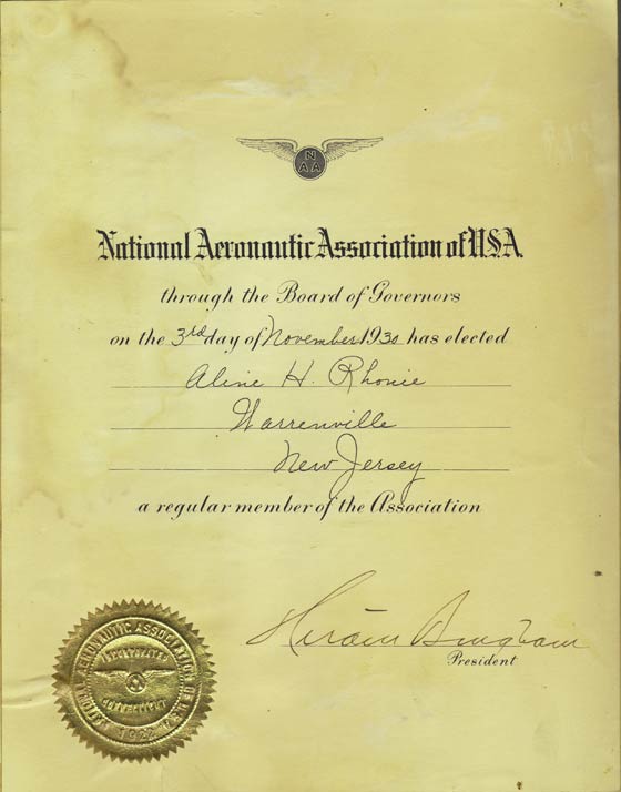 National Aeronautic Association Membership Certificate, November 3, 1930 (Source: Roberts)